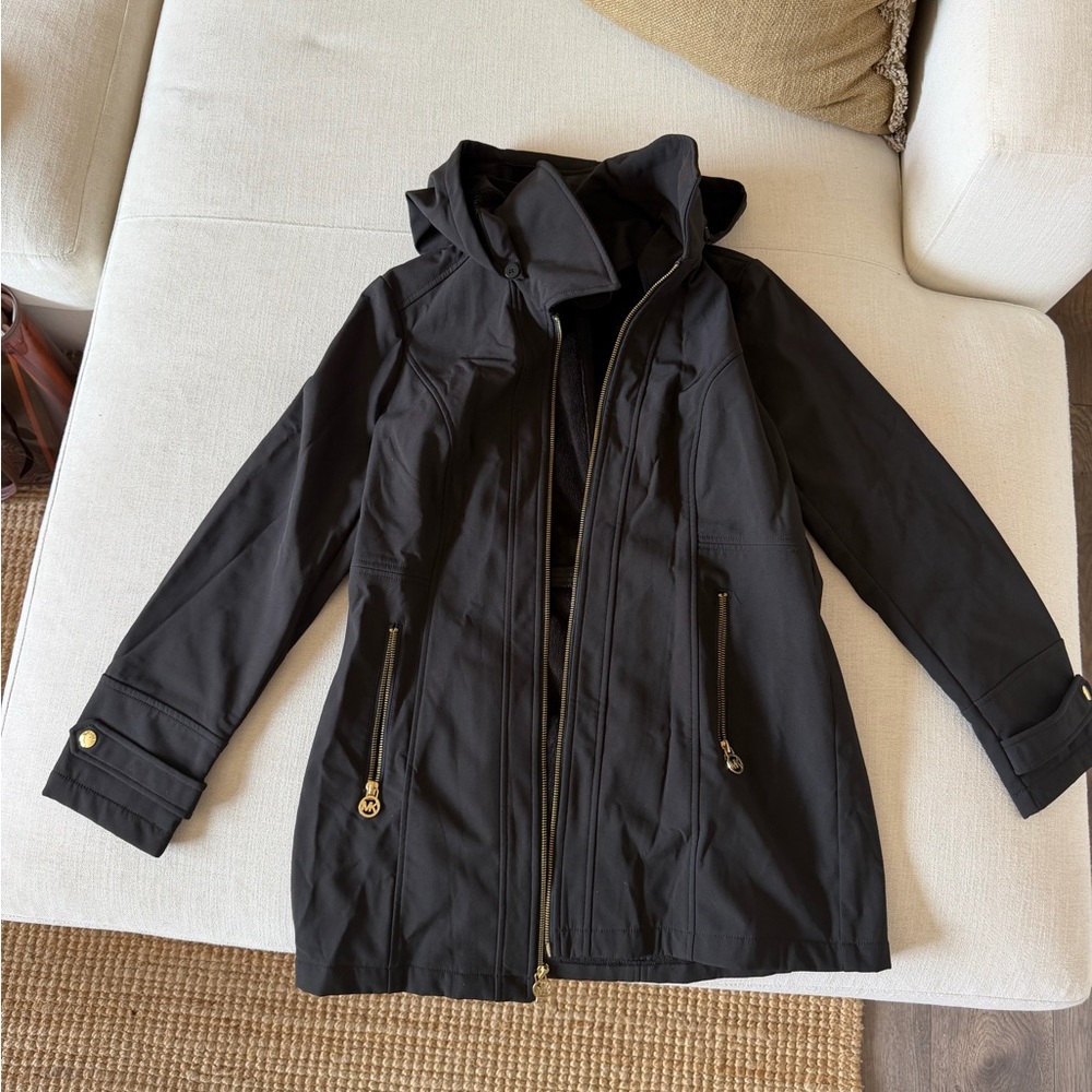 MICHAEL Michael Kors Women's Detachable Hooded Rain Jacket with Gold Zip Details